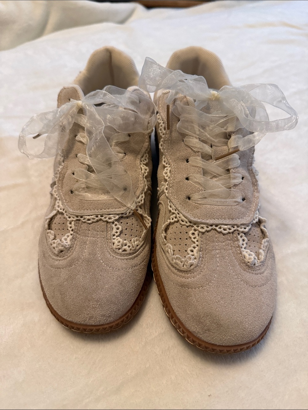 Lace-Trim Suede Sneakers in Beige